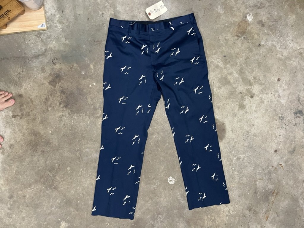 Vintage Blue Embroidered Pants with Gulls - Size 36" w x 29 1/4" l