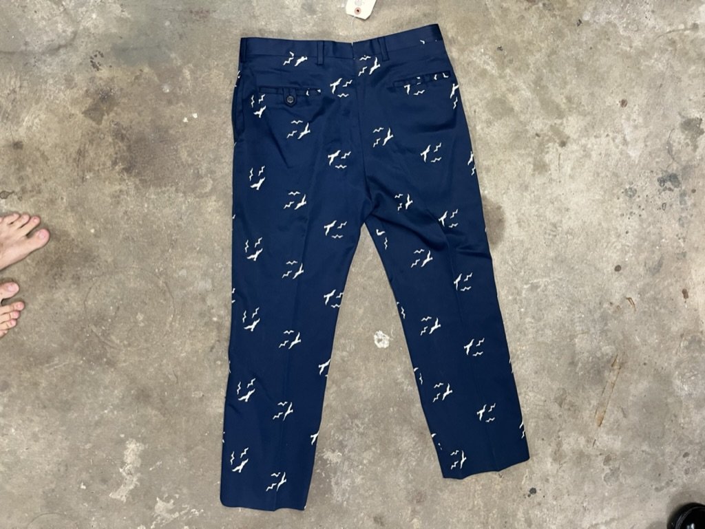 Vintage Blue Embroidered Pants with Gulls - Size 36" w x 29 1/4" l