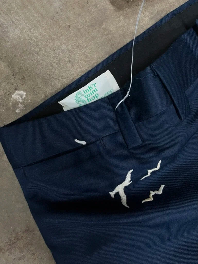 Vintage Blue Embroidered Pants with Gulls - Size 36" w x 29 1/4" l