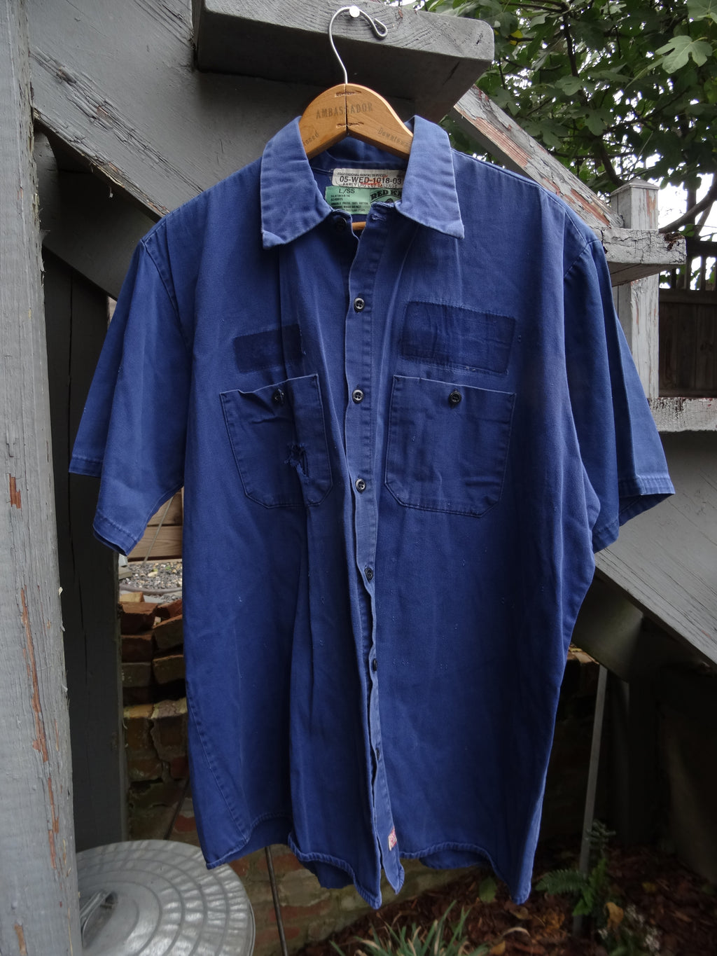 Navy Blue Short sleeve Distressed Red Kap Faded Work Shirt - Heavy twill - Large